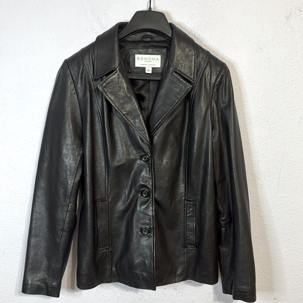 Sonoma Life Style Women Black Lambskin Leather Button Jacket Size L